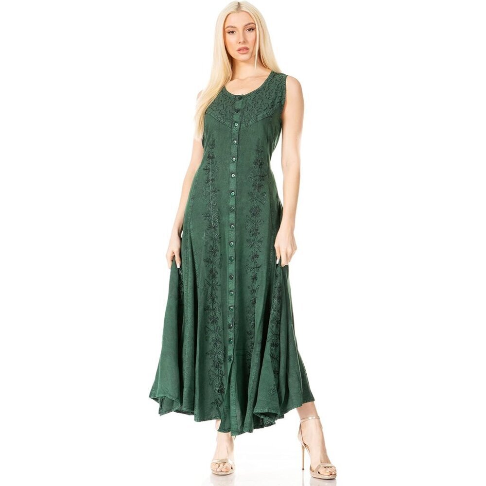 Floral Embroidered Rayon Dress Sleeveless Button Up Plus Size Women